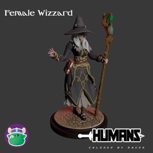 May include: A female wizard miniature figurine with a black and gold robe, a pointed hat, and a staff with a green gem. The figurine is standing on a circular base with a brown and orange textured surface. The text "HUMANS CLASSES BY RACES" is visible at the bottom of the image.