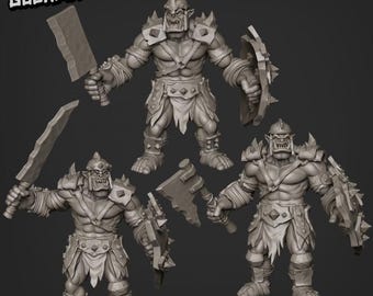 May include: Three grey 3D printed miniatures of orcs, each with a different weapon and shield. The orcs are wearing armor and have a fierce expression on their faces. The miniatures are pre-supported and ready to be printed.