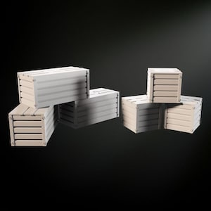 May include: Several small, light gray wooden crates are stacked in a visually appealing arrangement against a dark background. Each crate features horizontal slats and metal corner reinforcements, suggesting a rustic or industrial aesthetic. The crates are evenly lit, highlighting their simple design.