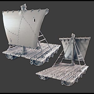 May include: Two miniature wooden rafts with sails. The rafts are made of wood planks and have a rope railing. The sails are made of fabric and are attached to a wooden mast. The rafts are a light gray color.