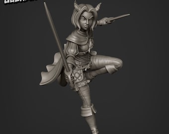 May include: A gray 3D printed figurine of a female character with horns, wearing a cloak and holding a sword. The character is in a fighting pose, with one leg raised and the other bent. The figurine is detailed and realistic.
