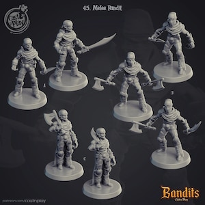 Puede incluir: Un conjunto de seis figuras en miniatura de plástico gris de bandidos, cada una con una pose y un arma diferentes. Las figuras están de pie sobre bases redondas. El texto "45. Melee Bandit" está en la parte superior de la imagen. El texto "Bandits" está en la parte inferior de la imagen.
