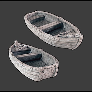 May include: Two gray wooden rowboats, each with detailed wood grain texture. One boat has a small steering mechanism. The boats have benches and are designed with a rustic aesthetic. The boats are ideal for miniature gaming or display.