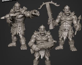 May include: Three gray, detailed, plastic miniatures of orcs holding crossbows. The orcs are wearing armor and loincloths. The text "GOONMASTER" is in the upper left corner of the image. The text "PRE-SUPPORTED" is in the lower left corner of the image.