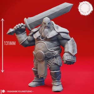 May include: A gray 3D printed miniature of a dwarf warrior holding a sword. The dwarf is wearing armor and a chainmail skirt. The miniature is 131 mm tall.