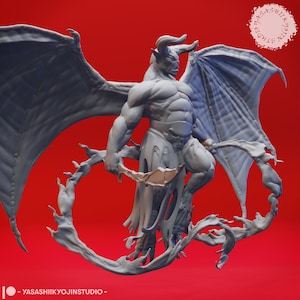 May include: A gray 3D printed figurine of a demon with wings and a tail. The demon is holding a sword in its right hand and has a fierce expression on its face. The figurine is set against a red background.