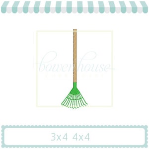 May include: A digital illustration of a green and brown rake. The rake has a long brown handle and a fan-shaped head with green tines. The image includes the text "3x4 4x4".