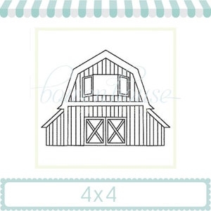 May include: Black and white line drawing of a barn with a single window and a double door. The barn has a gabled roof and a simple design.
