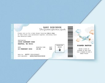 Greatest Adventure Awaits - Baby Shower Invitation, Blue Plane Ticket, Blue Boarding Pass, Digital Download DIY, Edit with Canva