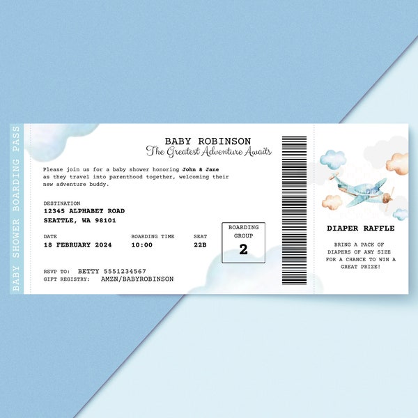 Greatest Adventure Awaits - Baby Shower Invitation, Blue Plane Ticket, Blue Boarding Pass, Digital Download DIY, Edit with Canva