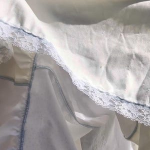 K&ouml;nnte beinhalten: Ein wei&szlig;er Slip mit blauem Besatz und Spitzendetails. Der Slip hat einen gewellten Spitzenbesatz und ein zartes Blumenmuster.