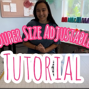 May include: A sewing tutorial image with the text "SUPER DUPER SIZE ADJUSTABLE SKIRT TUTORIAL" in pink. The image shows a woman in a sewing room with a sewing machine and fabric. Colorful spools of thread are visible.