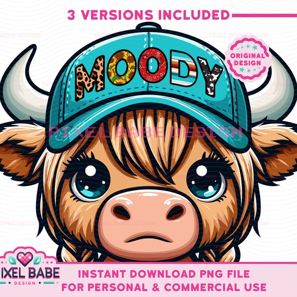 Highland Cows in Turquoise Moody Cap PNG Files - Western Design - Digital Download