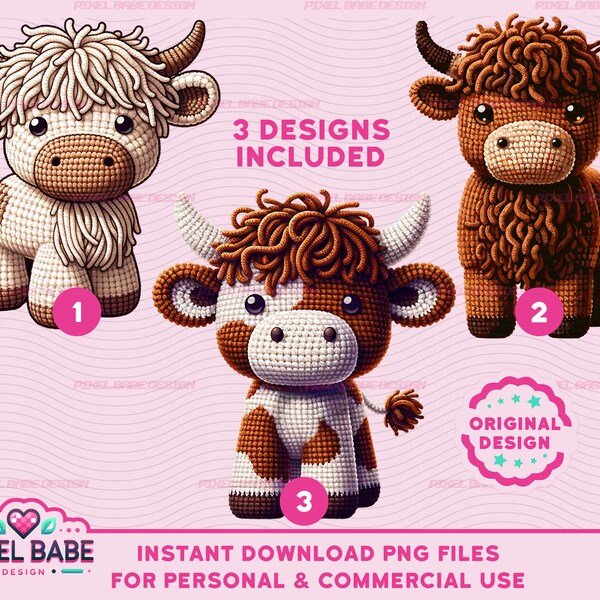 NOT CROCHET PATTERNS - Highland Cows Illustrations in a Crochet-Inspired Style. png files  for decorating apparel, mugs, and various items