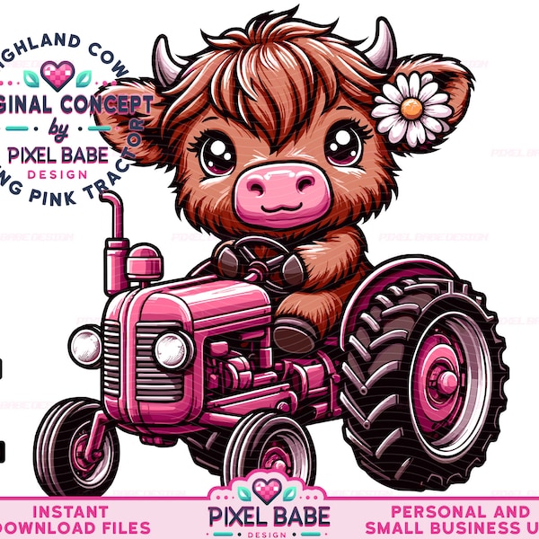 Highland Cow Pink Farm Tractor PNG SVG - Pink Farm Animal Sublimation Design - Digital Download, Country PNG - Cute Cow