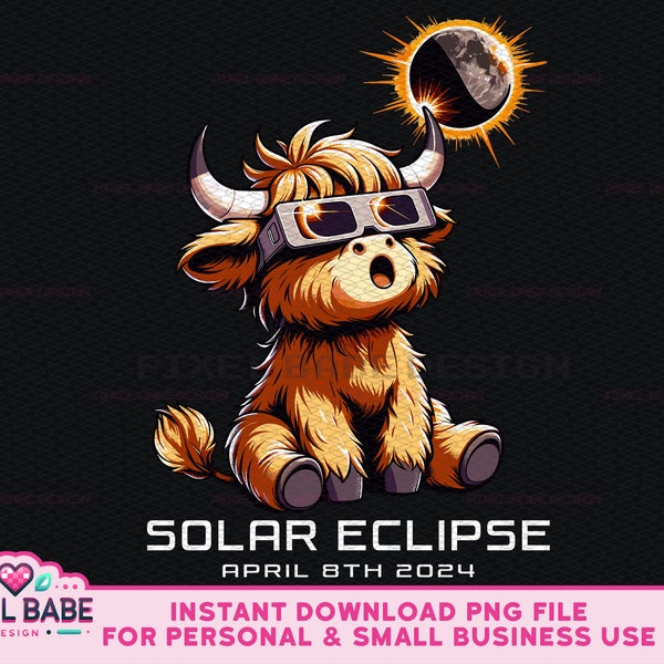 Highland Cow Solar Eclipse April 8th 2024 Digital Download, April 8th 2024 PNG,  Total Eclipse Png, Cow Sublimation Design