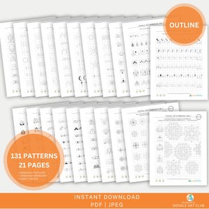 May include: A set of 21 printable pages with 131 doodle art patterns. The pages include 5 mandala templates, 1 freehand worksheet, and a habit tracker. The pages are black and white and have a grid pattern.