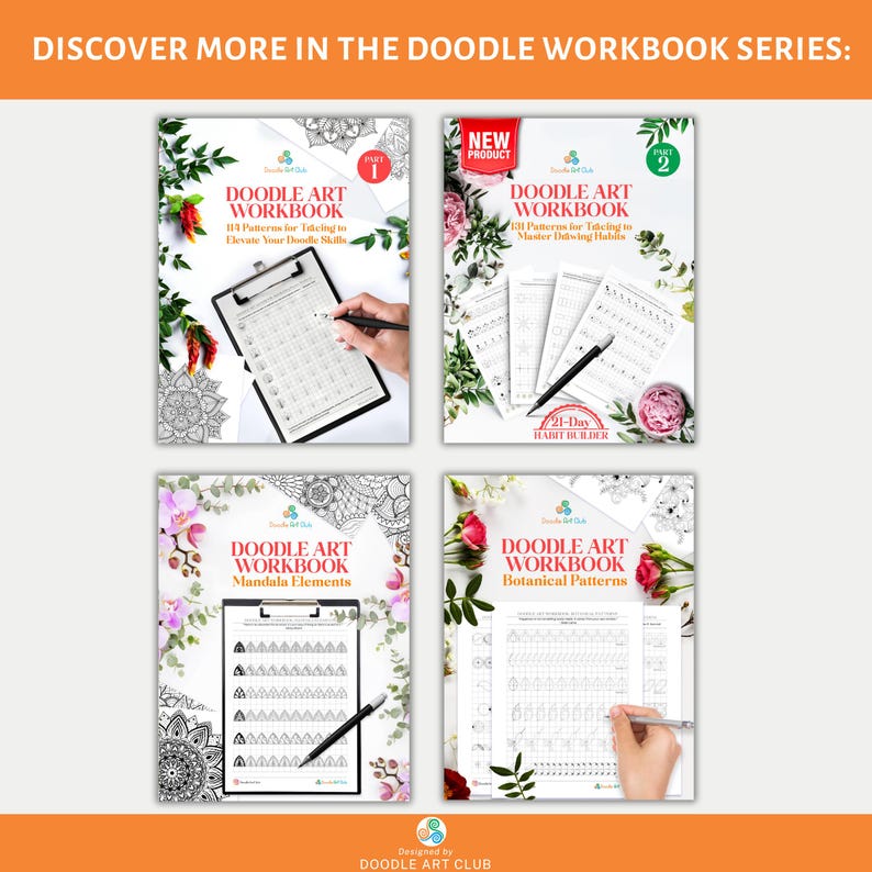 Puede incluir: Cuatro cuadernos de arte de garabatos diferentes con fondos florales. Cada cuaderno presenta un tema diferente: Parte 1, Parte 2, Elementos de mandala y Patrones bot&aacute;nicos. Cada cuaderno tiene una mano sosteniendo un bol&iacute;grafo sobre una p&aacute;gina con una cuadr&iacute;cula de patrones de garabatos.