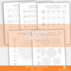 May include: Four printable drawing templates for doodling. Each page features a grid with different patterns and designs to color or draw on. The pages are titled "Doodle Art Workbook" and "Doodle Art Workbook Part 2".