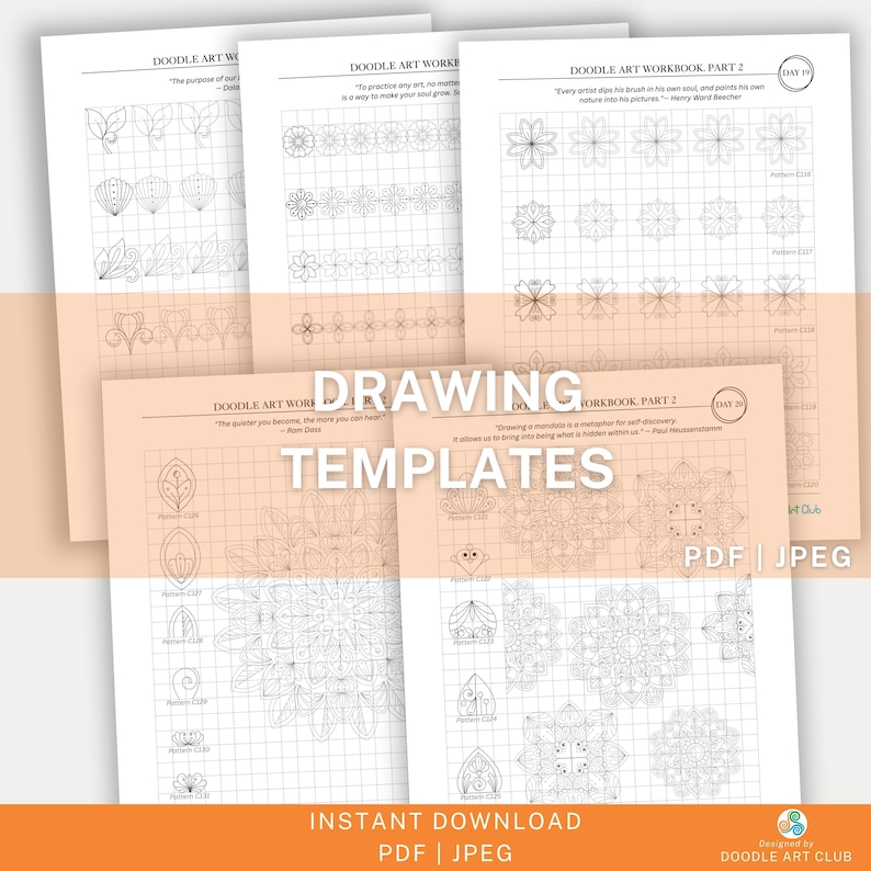 May include: Four printable drawing templates for doodling. Each page features a grid with different patterns and designs to color or draw on. The pages are titled "Doodle Art Workbook" and "Doodle Art Workbook Part 2".