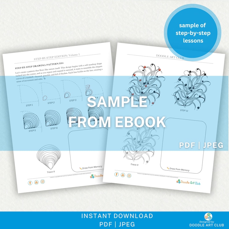 Puede incluir: Dos p&aacute;ginas de un libro electr&oacute;nico con lecciones de dibujo paso a paso. Una p&aacute;gina muestra un patr&oacute;n de concha, y la otra un dise&ntilde;o floral. El texto incluye "Sample from Ebook" y "Instant Download PDF | JPEG."