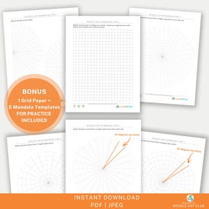 May include: A set of printable mandala art worksheets. The worksheets include a grid paper, 5 mandala templates for practice, and 2 mandala practice sheets with 10-degree and 15-degree angle sections. The text "Instant Download PDF | JPEG" and "Designed by Doodle Art Club" is included in the image.