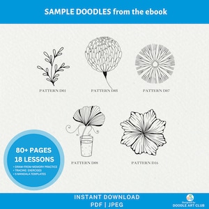 Puede incluir: Imagen que muestra patrones de garabatos de un libro electr&oacute;nico. La imagen presenta varios dise&ntilde;os de arte lineal en blanco y negro de flores y plantas, etiquetados con n&uacute;meros de patr&oacute;n. La imagen tambi&eacute;n incluye el texto "80+ PAGES 18 LESSONS" y "INSTANT DOWNLOAD PDF | JPEG".