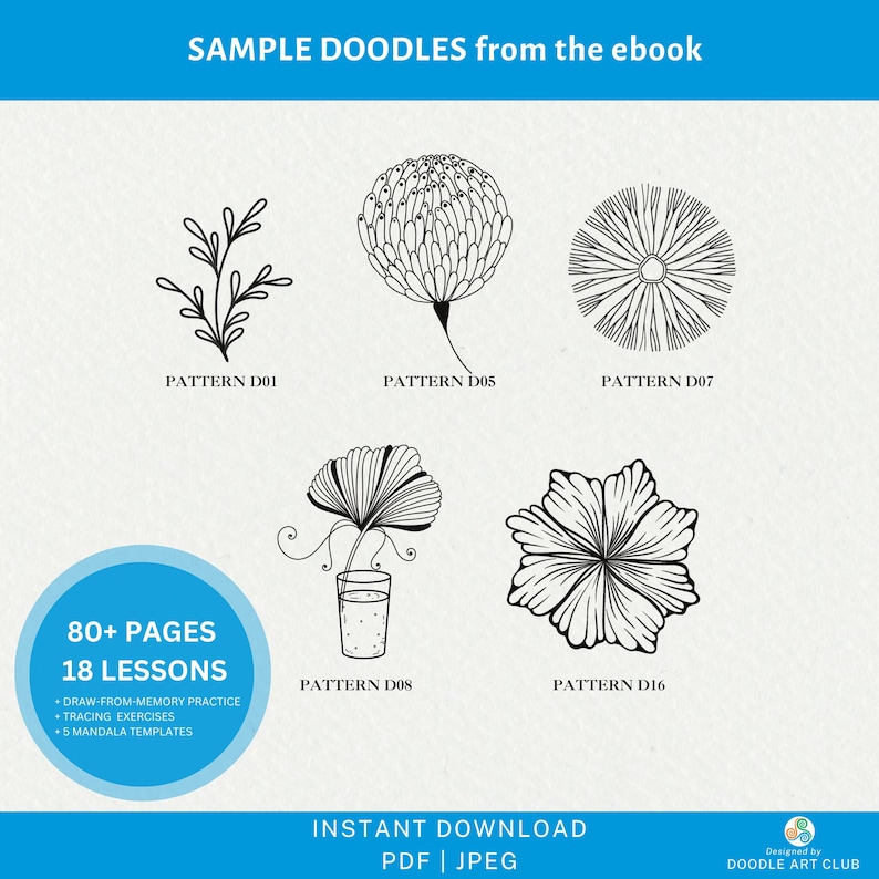 Puede incluir: Imagen que muestra patrones de garabatos de un libro electr&oacute;nico. La imagen presenta varios dise&ntilde;os de arte lineal en blanco y negro de flores y plantas, etiquetados con n&uacute;meros de patr&oacute;n. La imagen tambi&eacute;n incluye el texto "80+ PAGES 18 LESSONS" y "INSTANT DOWNLOAD PDF | JPEG".