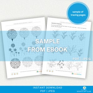 Puede incluir: Dos p&aacute;ginas blancas con ilustraciones de flores y hojas en l&iacute;nea negra. El texto "SAMPLE FROM EBOOK" est&aacute; superpuesto en las p&aacute;ginas. Tambi&eacute;n se ve el texto "STEP-BY-STEP EDITION: Volume 1" y "TRACING EXERCISE". Un c&iacute;rculo azul dice "sample of tracing pages".