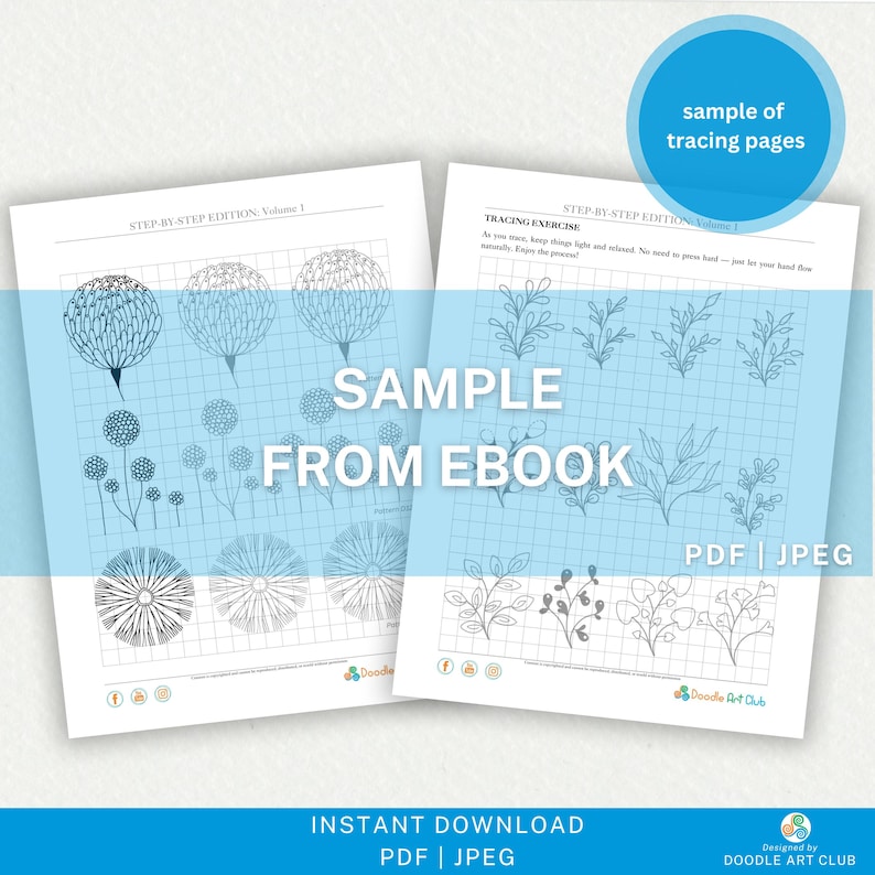 Puede incluir: Dos p&aacute;ginas blancas con ilustraciones de flores y hojas en l&iacute;nea negra. El texto "SAMPLE FROM EBOOK" est&aacute; superpuesto en las p&aacute;ginas. Tambi&eacute;n se ve el texto "STEP-BY-STEP EDITION: Volume 1" y "TRACING EXERCISE". Un c&iacute;rculo azul dice "sample of tracing pages".