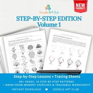 Peut inclure: Un cahier intitulé "Step-by-Step Edition Volume 1" avec des leçons de dessin étape par étape et des feuilles de traçage. Les pages affichent divers motifs et exercices. Un stylo noir repose sur les pages. La couverture présente le logo Doodle Art Club et un autocollant "Nouveau produit".