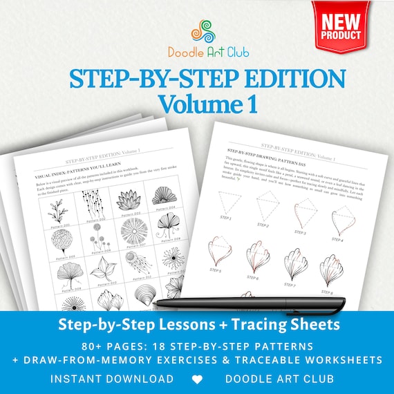 Step by Step Guide: How To Draw—Flower & Mandala Elements, Pattern Templates for Stress Relief; PDF+JPG for Tracing, Printable Worksheets