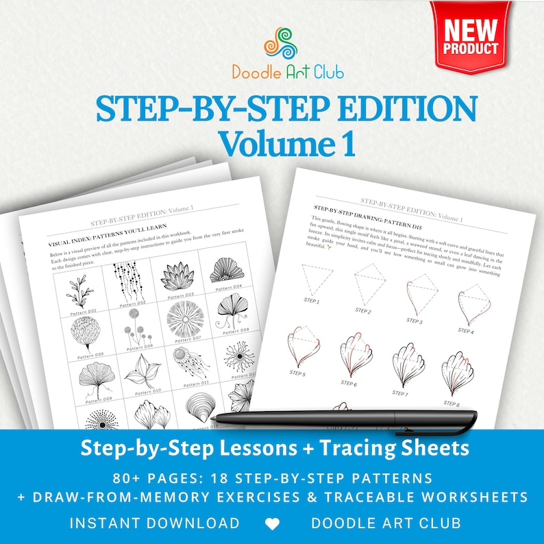 Puede incluir: Un cuaderno titulado "Step-by-Step Edition Volume 1" con lecciones de dibujo paso a paso y hojas de calco. Las p&aacute;ginas muestran varios patrones y ejercicios. Un bol&iacute;grafo negro descansa sobre las p&aacute;ginas. La portada presenta el logotipo de Doodle Art Club y una pegatina de "Nuevo producto".