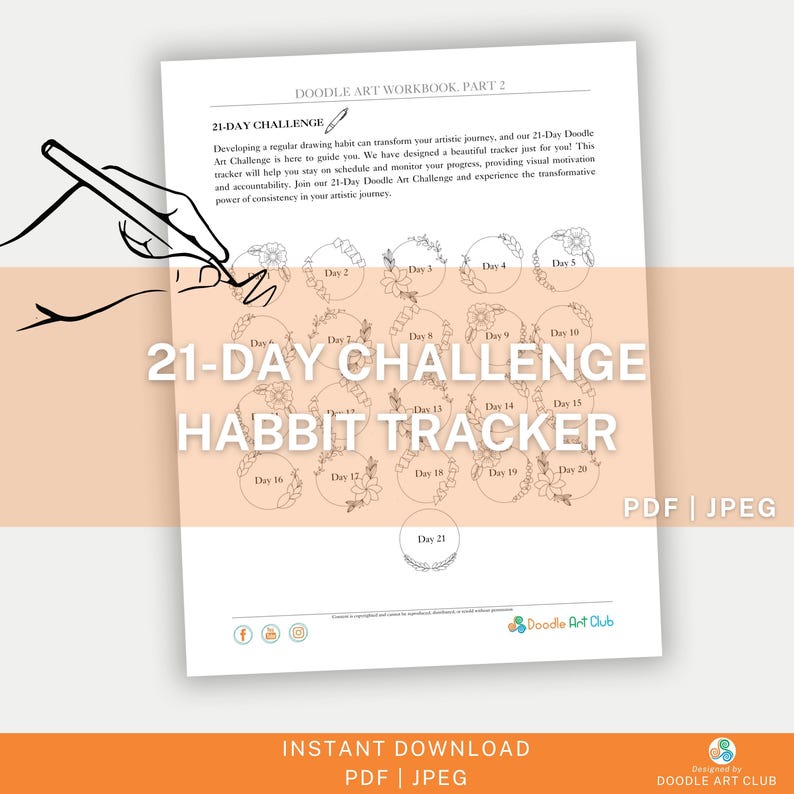 May include: A printable 21-day challenge habit tracker with a floral design. The tracker is divided into 21 circles, each representing a day. The text "21-Day Challenge Habit Tracker" is written in large, bold letters at the top of the page.