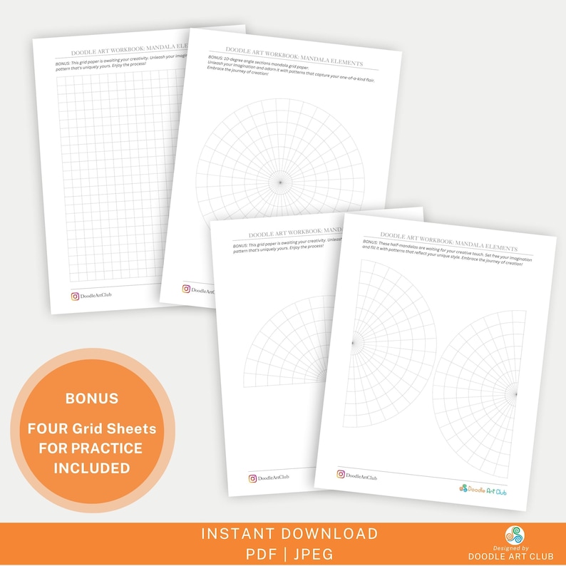 Puede incluir: Cuatro hojas de cuadr&iacute;cula imprimibles para practicar el arte del mandala. Las hojas incluyen una cuadr&iacute;cula cuadrada, una cuadr&iacute;cula de c&iacute;rculo completo y dos cuadr&iacute;culas de semic&iacute;rculo. El texto "Bonus: Cuatro hojas de cuadr&iacute;cula para la pr&aacute;ctica incluidas" est&aacute; en la parte inferior de la imagen.