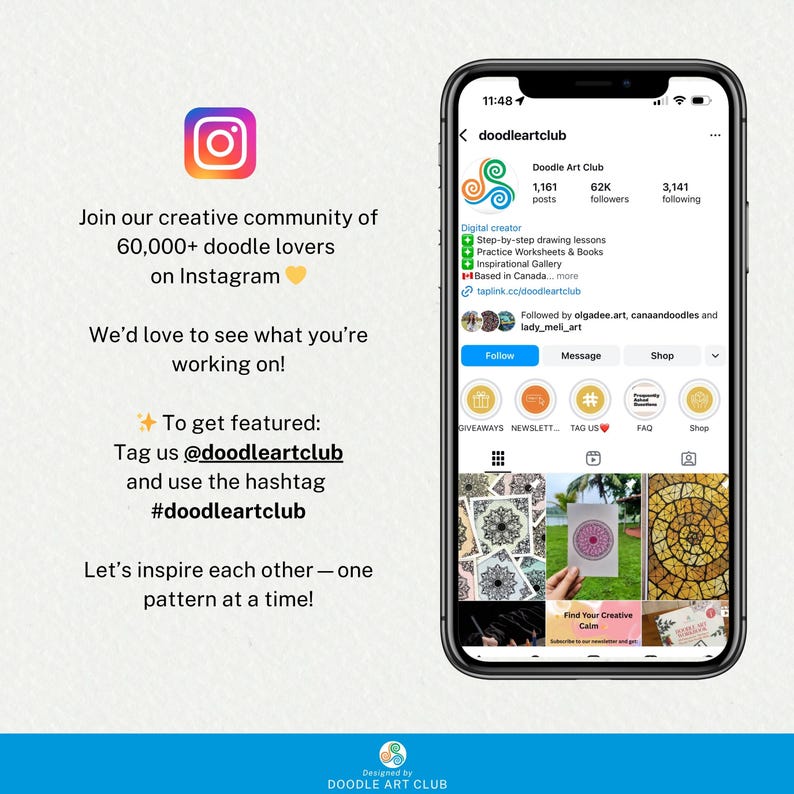 Puede incluir: Una publicaci&oacute;n de Instagram que promociona el Doodle Art Club, con un tel&eacute;fono que muestra el perfil del club. La publicaci&oacute;n invita a los usuarios a unirse a la comunidad de m&aacute;s de 60.000 amantes del doodle, etiquetar @doodleartclub y usar el hashtag #doodleartclub.