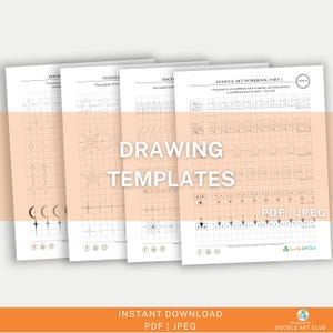 May include: Four printable drawing templates for doodle art. Each template features a different set of geometric shapes and patterns. The templates are labeled "Doodle Art Workbook Part 2, Day 8".