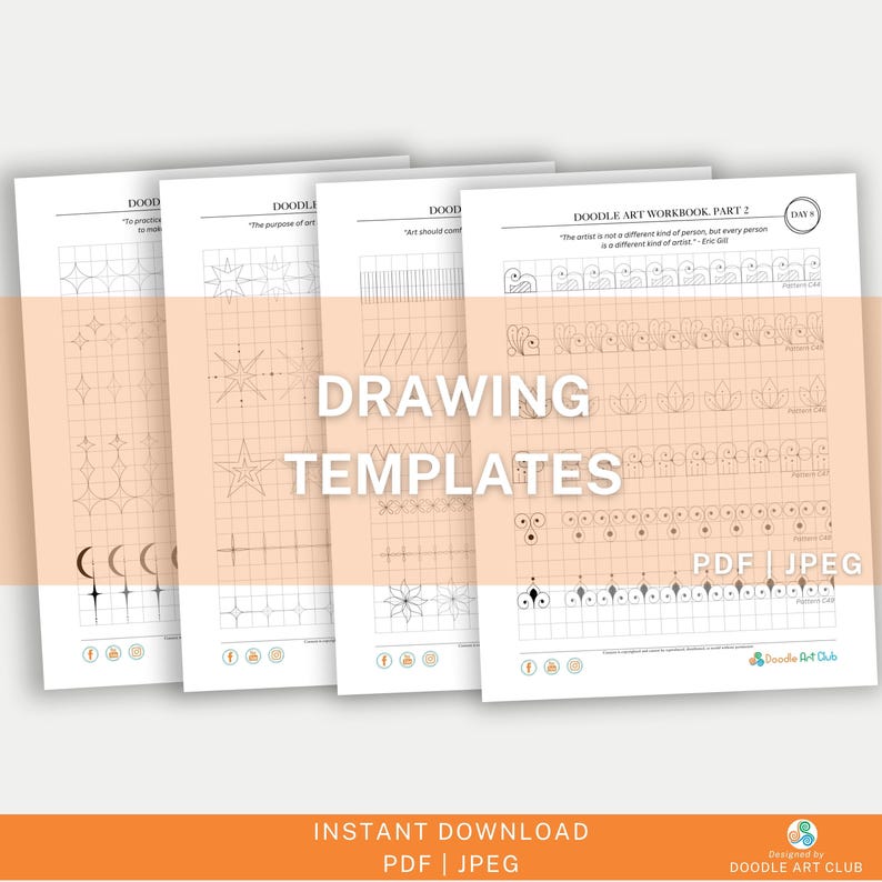 May include: Four printable drawing templates for doodle art. Each template features a different set of geometric shapes and patterns. The templates are labeled "Doodle Art Workbook Part 2, Day 8".
