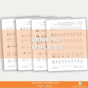 May include: Four printable pages of doodle art templates with a grid pattern. The pages are titled "Doodle Art Workbook, Part 2" and "Day 12". The text "Meditation is the secret of all growth in spiritual life and knowledge. Art is its expression." is included on the page. The text "Drawing Templates" is in large font in the center of the image.