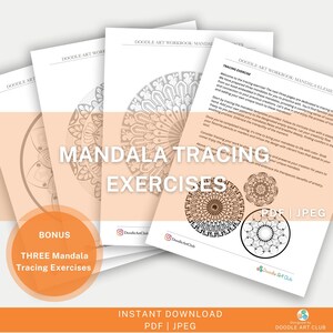 Puede incluir: Un conjunto de tres ejercicios de trazado de mandalas imprimibles. Las p&aacute;ginas son de color melocot&oacute;n con mandalas en blanco y negro. El texto de la p&aacute;gina dice "Ejercicios de trazado de mandalas" y "Bonus: Tres ejercicios de trazado de mandalas".