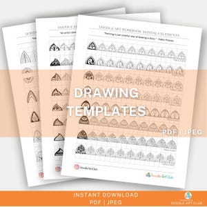 Puede incluir: Tres p&aacute;ginas imprimibles de plantillas de dibujo de mandalas. Las p&aacute;ginas son en blanco y negro y presentan una variedad de patrones geom&eacute;tricos. El texto en las p&aacute;ginas dice "Doodle Art Workbook: Mandala Elements" y "Drawing Templates".