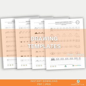 May include: Four printable pages of drawing templates for creating doodle art. The pages are in black and white and feature a variety of geometric and floral designs. The text "Drawing Templates" is in large, bold letters at the top of the image. The text "PDF | JPEG" is in the bottom right corner of the image.