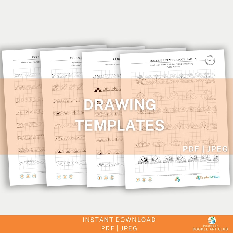 May include: Four printable pages of drawing templates for creating doodle art. The pages are in black and white and feature a variety of geometric and floral designs. The text "Drawing Templates" is in large, bold letters at the top of the image. The text "PDF | JPEG" is in the bottom right corner of the image.