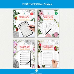 Puede incluir: Se muestran cuatro cuadernos de trabajo de Doodle Art, cada uno con un tema diferente: Eleva tus habilidades de garabateo, Domina los h&aacute;bitos de dibujo, Elementos de mandala y Patrones bot&aacute;nicos. Cada cuaderno presenta un bol&iacute;grafo y acentos florales.