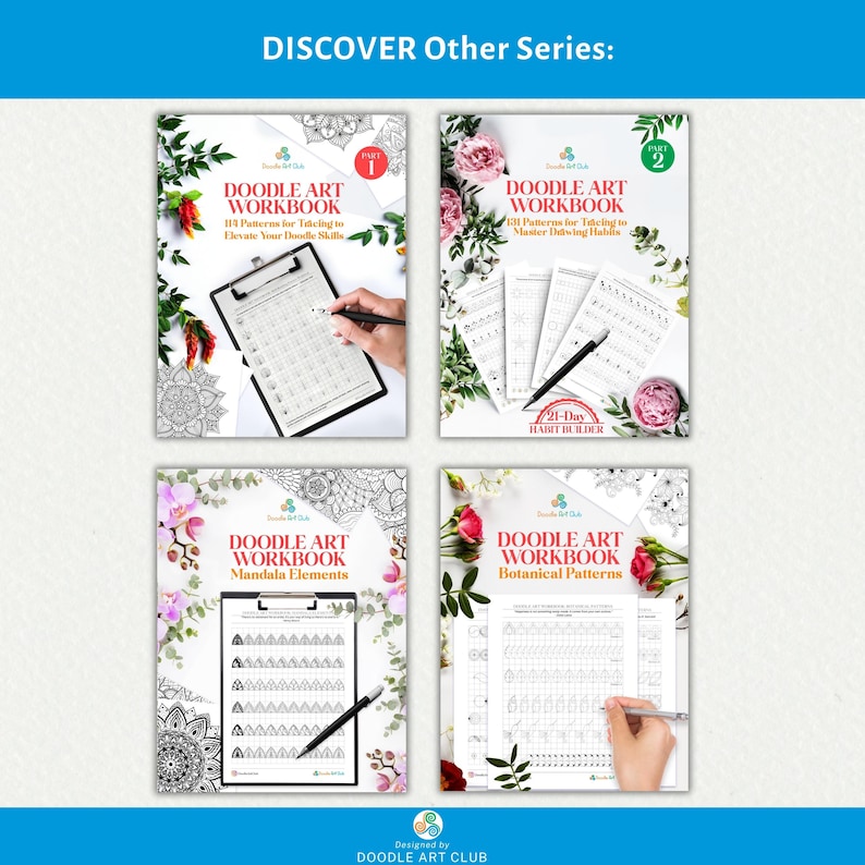 Puede incluir: Se muestran cuatro cuadernos de trabajo de Doodle Art, cada uno con un tema diferente: Eleva tus habilidades de garabateo, Domina los h&aacute;bitos de dibujo, Elementos de mandala y Patrones bot&aacute;nicos. Cada cuaderno presenta un bol&iacute;grafo y acentos florales.