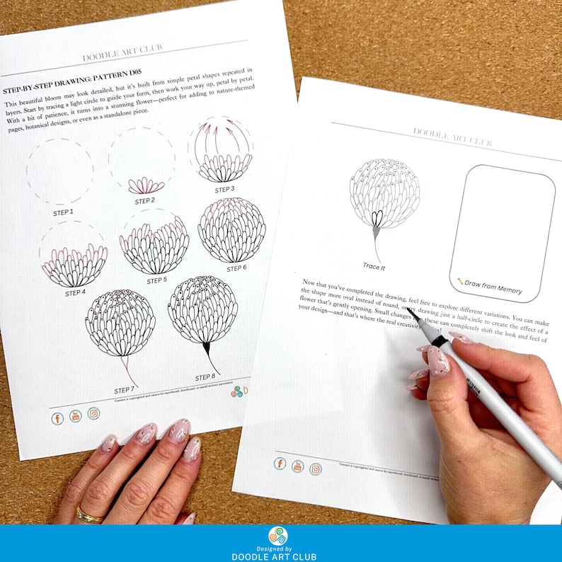 Puede incluir: Dos hojas de papel con instrucciones paso a paso para dibujar flores. Las instrucciones muestran c&oacute;mo dibujar una flor, con cada paso ilustrado. Una mano sostiene un bol&iacute;grafo, trazando el dise&ntilde;o de la flor. El texto "DOODLE ART CLUB" es visible.