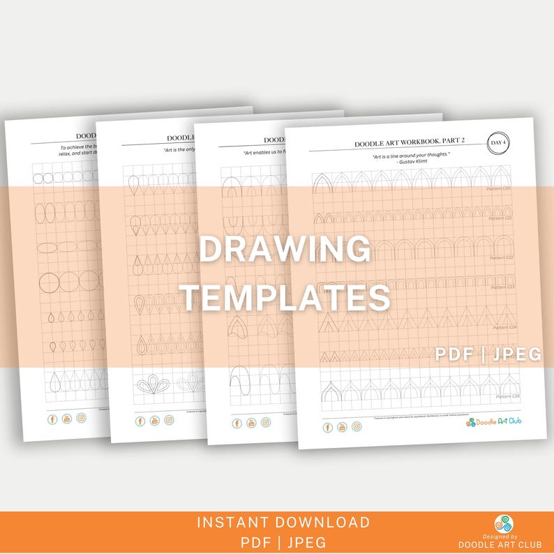 May include: Four printable drawing templates for doodling. Each template features a different pattern of shapes, including arches, circles, and teardrops. The templates are labeled "Doodle Art Workbook Part 2, Day 4".
