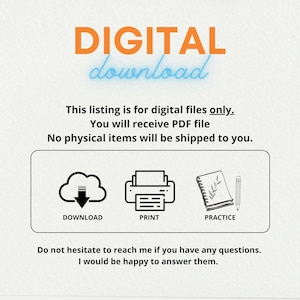 Puede incluir: Gr&aacute;fico de descarga digital con la palabra "DIGITAL" en naranja y "download" en azul claro. La imagen incluye iconos para descargar, imprimir y practicar, con texto sobre archivos digitales.