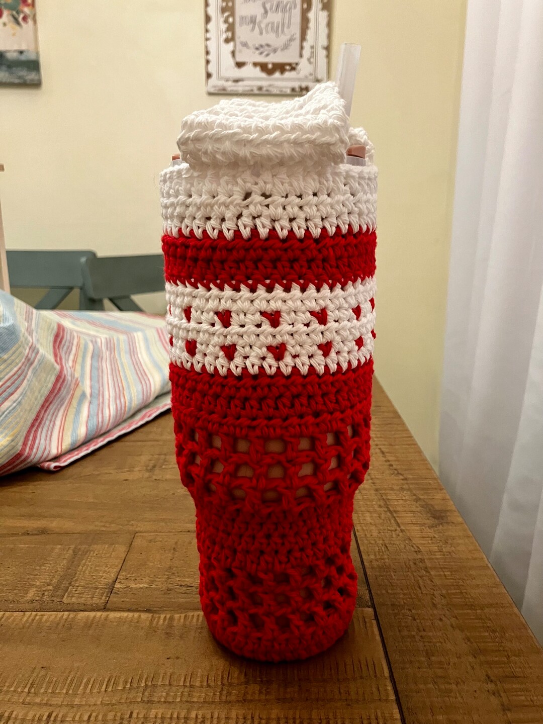 Stanley Tumbler Crocheted Cotton Holder/carrierred and White Hearts Etsy
