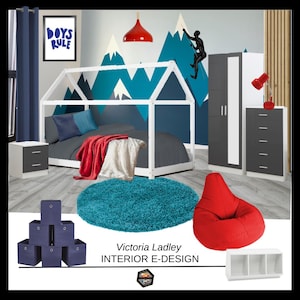 Tablero de ideas para diseño de interiores, concepto de dormitorio de niños, tableros de ideas para dormitorios, diseño de interiores, tableros de ideas para dormitorios prediseñados, diseño de interiores en el Reino Unido